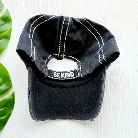 Be Kind Ball Cap NWT Vintage Black Distressed with White Stitching One Size - Picture 2 of 7